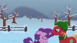 Size: 1920x1080 | Tagged: safe, artist:yudhaikeledai, big macintosh, sugar belle, earth pony, pony, unicorn, clothes, dark, dead tree, female, fence, frostpony, frostpunk, hat, husband and wife, i can't believe it's not hasbro studios, ice, icicle, male, mare, offscreen character, ponified, post-apocalyptic, sad, sadness, scarf, snow, snowfall, stallion, sweet apple acres, toque, tree, winter clothes, youtube link