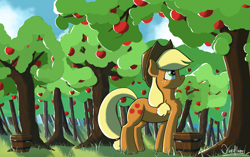 Size: 3440x2160 | Tagged: safe, artist:akuneanekokuro, derpibooru import, applejack, earth pony, pony, apple, apple tree, applejack's hat, cowboy hat, female, food, hat, mare, solo, tree