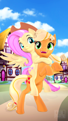 Size: 2160x3840 | Tagged: safe, artist:owlpirate, derpibooru import, applejack, fluttershy, earth pony, pegasus, pony, 3d, accessory swap, appleshy, female, fluttershy riding apple jack, ponies riding ponies, ponyville, rearing, riding, shipping, source filmmaker