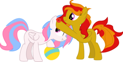 Size: 1024x517 | Tagged: safe, artist:sanybaby, derpibooru import, oc, oc:soder, oc:sunrise flair, pegasus, pony, ball, duo, duo female, female, flower, pegasus oc, simple background, smiling, transparent background, vector, wings