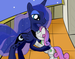 Size: 675x533 | Tagged: safe, artist:jxst-starly, derpibooru import, princess luna, sweetie belle, sweetie bot, alicorn, pony, robot, robot pony, unicorn, duo, female, hug, mare