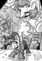 Size: 1535x2185 | Tagged: safe, artist:colorfulcolor233, derpibooru import, earth pony, pony, bowtie, clown, fanfic art, food, monochrome, pie, pie in the face, standing, standing on one leg, unicycle