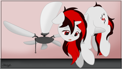 Size: 1502x846 | Tagged: safe, artist:starlight, derpibooru import, oc, oc:blackjack, pony, unicorn, fallout equestria, fallout equestria: project horizons, ceiling fan, cute, female, inside joke, mare, solo, wat