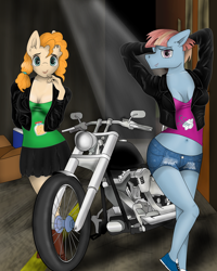 Size: 2190x2738 | Tagged: safe, artist:zeronitroman, derpibooru import, pear butter, windy whistles, anthro, belly button, biker, biker jacket, clothes, female, mare, milf