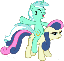 Size: 1304x1236 | Tagged: artist needed, safe, derpibooru import, bon bon, lyra heartstrings, sweetie drops, earth pony, pony, unicorn, bon bon is not amused, duo, eyes closed, female, lyra riding bon bon, mare, open mouth, ponies riding ponies, riding, simple background, transparent background, unamused, vector