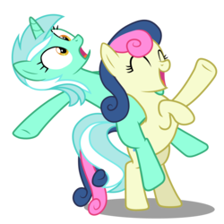 Size: 250x250 | Tagged: artist needed, safe, derpibooru import, bon bon, lyra heartstrings, sweetie drops, earth pony, pony, unicorn, amused, bipedal, bon bon is amused, duo, eyes closed, female, lyra riding bon bon, lyrabon, open mouth, ponies riding ponies, rearing, riding, shipping, simple background, transparent background, vector