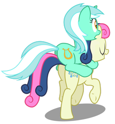 Size: 956x1024 | Tagged: artist needed, safe, derpibooru import, bon bon, lyra heartstrings, sweetie drops, earth pony, pony, unicorn, duo, eyes closed, female, lyra riding bon bon, lyrabon, mare, open mouth, ponies riding ponies, riding, shipping, simple background, transparent background, vector, walking