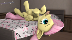 Size: 2560x1440 | Tagged: safe, artist:cosmicoceanssfm, derpibooru import, fluttershy, pegasus, pony, 3d, abdominal bulge, bed, belly, chubby, chubbyshy, cookie, cute, female, food, mare, shyabetes, solo, source filmmaker, stuffed, upside down