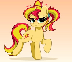 Size: 4096x3509 | Tagged: safe, artist:kittyrosie, derpibooru import, sunset shimmer, pony, unicorn, alternate hairstyle, blushing, commission, cute, female, floating heart, gradient background, heart, high res, lidded eyes, mare, pigtails, raised hoof, raised leg, shimmerbetes, solo, twintails