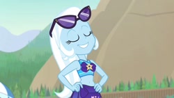 Size: 640x360 | Tagged: safe, derpibooru import, screencap, trixie, human, better together, equestria girls, forgotten friendship, clothes, eyes closed, female, hands on hip, solo, sunglasses, swimsuit