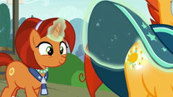 Size: 1280x720 | Tagged: safe, derpibooru import, screencap, stellar flare, sunburst, pony, unicorn, the parent map, female, magic, magic aura, male, mother and child, mother and son, out of context, parent and child, personal space invasion, sunburst's robe, telekinesis