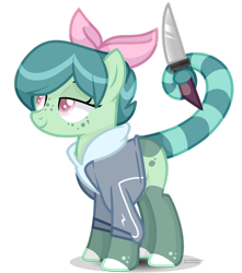 Size: 1280x1451 | Tagged: safe, artist:bebraveforme, derpibooru import, oc, earth pony, augmented tail, female, knife, mare, prehensile tail, simple background, solo, tail holder, transparent background, yandere