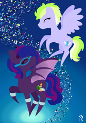 Size: 1748x2480 | Tagged: safe, artist:dawn-designs-art, derpibooru import, oc, oc:swiftwings, oc:velvet daydream, bat pony, pegasus, pony, abstract, abstract art, abstract background, digital art, eyes closed, female, filly, happy, mare, minimalist, modern art, one eye closed