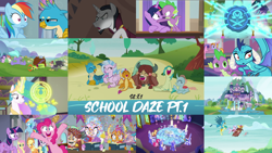 Size: 1974x1111 | Tagged: safe, derpibooru import, edit, edited screencap, editor:quoterific, screencap, applejack, auburn vision, berry blend, berry bliss, chancellor neighsay, fluttershy, gallus, grampa gruff, ocellus, pinkie pie, prince rutherford, princess celestia, princess ember, rainbow dash, rainbow stars, rarity, sandbar, seaspray, silverstream, smolder, spike, starlight glimmer, thorax, twilight sparkle, twilight sparkle (alicorn), yona, alicorn, changedling, changeling, dragon, earth pony, griffon, hippogriff, pegasus, pony, unicorn, yak, school daze, angry, book, dragoness, eyes closed, female, friendship student, glowing horn, horn, king thorax, magic, magic aura, mane six, open mouth, school of friendship, student six