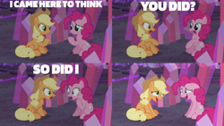 Size: 2000x1125 | Tagged: safe, derpibooru import, edit, edited screencap, editor:quoterific, screencap, applejack, pinkie pie, earth pony, pony, hearthbreakers, applejack's hat, cowboy hat, duo, ears, female, floppy ears, hat, nervous laugh, open mouth