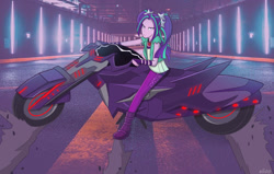 Size: 1193x757 | Tagged: safe, artist:elioo, derpibooru import, aria blaze, equestria girls, akira, anime reference, crossover, decepticon, determined, drifting, equestria bots, fracture (decepticon), motorcycle, reference, road, transformers, transformers robots in disguise (2015)