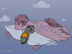 Size: 2500x1900 | Tagged: safe, artist:buy_some_apples, derpibooru import, oc, oc only, ghoul, pegasus, undead, fallout equestria, amputee, cloud, pegasus oc, prosthetic leg, prosthetic limb, prosthetics, scar, sleeping, wings