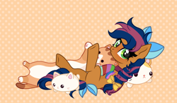 Size: 2745x1600 | Tagged: safe, artist:deko4ka, derpibooru import, oc, oc only, oc:solar comet, pegasus, pony, blushing, bow, braid, commission, cuddling, freckles, green eyes, hair bow, looking at you, sock, solo, tail bow, your character here