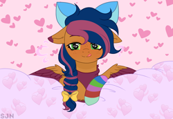 Size: 2900x2000 | Tagged: safe, artist:deko4ka, derpibooru import, oc, oc only, oc:solar comet, pegasus, pony, blushing, bow, braid, colored eartips, freckles, green eyes, hair bow, heart, heart eyes, licking lips, looking at you, sock, solo, striped socks, tongue out, wingding eyes, wings