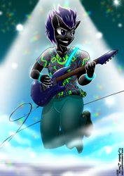 Size: 905x1280 | Tagged: safe, artist:sonicsweeti, derpibooru import, oc, oc only, anthro, earth pony, plantigrade anthro, blurry background, clothes, commission, digital art, electric guitar, grin, guitar, guitar pick, jumping, male, musical instrument, pants, playing instrument, shirt, shoes, smiling, solo, spotlight, stage, t-shirt