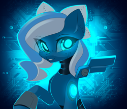 Size: 3448x2936 | Tagged: safe, artist:airiniblock, derpibooru import, oc, oc only, oc:vivid tone, pegasus, pony, robot, robot pony, eyes open, glowing eyes, rcf community, roboticization