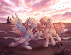 Size: 2200x1700 | Tagged: safe, artist:shady-bush, derpibooru import, oc, oc only, dracony, pegasus, pony, amputee, bandage, beach, boat, engagement ring, female, male, mare, marriage proposal, oc x oc, outdoors, ring, sailboat, shipping, shore, stallion, stump, sunset