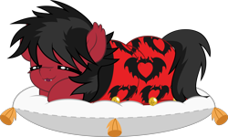 Size: 5000x3002 | Tagged: safe, artist:jhayarr23, derpibooru import, bat pony, pony, blanket, commission, cozy, ear fluff, ears, eyes closed, fall out boy, fangs, happy, messy mane, messy tail, oc name needed, pete wentz, pillow, ponified, simple background, sleeping, transparent background, vector, ych result