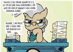 Size: 500x360 | Tagged: safe, artist:owlor, derpibooru import, mayor mare, earth pony, pony, desk, dialogue, female, from the desk of mayor mare, glasses, paper, solo