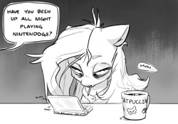 Size: 2715x1896 | Tagged: safe, artist:bunchedupletters, derpibooru import, fluttershy, pegasus, pony, bags under eyes, bed hair, blatant lies, coffee, coffee cup, cup, digital art, monochrome, mouth hold, nintendo ds, nintendogs, offscreen character, playing, solo, speech bubble, stylus, table, text, tired, video game