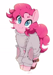 Size: 2480x3508 | Tagged: safe, artist:potetecyu_to, derpibooru import, pinkie pie, earth pony, pony, clothes, cute, diapinkes, female, looking at you, mare, simple background, smiling, smiling at you, solo, white background