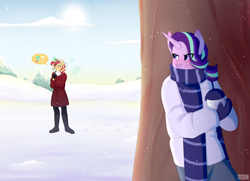 Size: 3000x2176 | Tagged: safe, artist:tsetsera, derpibooru import, starlight glimmer, sunset shimmer, anthro, unicorn, blushing, boots, clothes, coat, duo, female, gloves, glowing horn, hiding, horn, levitation, magic, pants, question mark, scarf, shoes, snow, snowball, snowball fight, sweater, telekinesis, tree