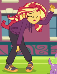 Size: 336x438 | Tagged: safe, derpibooru import, screencap, spike, spike the regular dog, sunset shimmer, dog, equestria girls, equestria girls series, stressed in show, stressed in show: rainbow dash, cropped, offscreen character