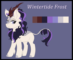 Size: 1280x1060 | Tagged: safe, artist:ladyenfield, derpibooru import, oc, oc:wintertide frost, kirin, antagonist, big ears, bio, cloven hooves, cute, ears, emotionless, female, kirin oc, leonine tail, looking at you, mane, reference sheet, simple background, solo