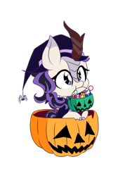 Size: 640x853 | Tagged: safe, artist:blurry-kun, derpibooru import, oc, oc:wintertide frost, kirin, spider, big ears, candy, chibi, clothes, cloven hooves, commission, costume, cute, daaaaaaaaaaaw, ears, female, filly, food, halloween, hat, holiday, jack-o-lantern, kirin oc, kirinbetes, mane, ocbetes, pumpkin, simple background, solo, transparent background, trick or treat, vector, witch costume, witch hat