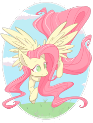 Size: 1500x2000 | Tagged: safe, artist:lucaria448, derpibooru import, fluttershy, pegasus, pony, female, flying, grass, head turned, looking away, mare, outdoors, partial background, sidemouth, sky, smiling, solo, spread wings, wings