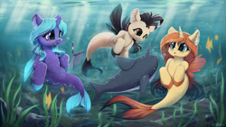Size: 1280x720 | Tagged: safe, artist:hitbass, derpibooru import, oc, oc only, fish, narwhal, seapony (g4), blue eyes, bubble, crepuscular rays, female, fin wings, fins, fish tail, flowing mane, flowing tail, golden eyes, high res, horn, looking at each other, male, notebook, open mouth, pencil, purple eyes, research, seaweed, sunlight, swimming, tail, underwater, water, wings