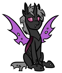 Size: 384x450 | Tagged: artist needed, safe, derpibooru import, oc, oc:daring shephard, changeling, fangs, male, purple changeling, simple background, sitting, transparent background