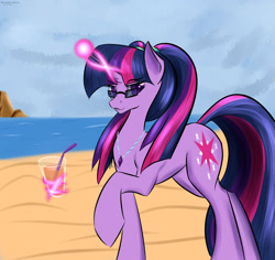 Size: 1280x1209 | Tagged: safe, artist:renarde-louve, derpibooru import, twilight sparkle, unicorn twilight, pony, unicorn, beach, drink, female, glasses, magic, mare, solo, straw, telekinesis