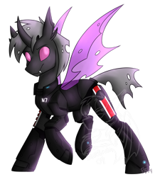 Size: 1280x1468 | Tagged: artist needed, safe, derpibooru import, oc, oc:daring shephard, changeling, fangs, male, mass effect, purple changeling, simple background, sitting, transparent background