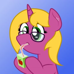 Size: 2946x2946 | Tagged: safe, artist:bryastar, derpibooru import, oc, oc only, oc:bright star, pony, unicorn, female, glasses, juice, juice box, straw, straw in mouth