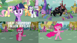 Size: 1986x1117 | Tagged: safe, derpibooru import, edit, edited screencap, editor:quoterific, screencap, applejack, berry punch, berryshine, bon bon, carrot top, cerberus (character), cherry berry, comet tail, daisy, flower wishes, fluttershy, golden harvest, linky, mochaccino, neon lights, pinkie pie, ponet, rare find, rarity, rising star, shoeshine, star bright, sweetie drops, twilight sparkle, unicorn twilight, cerberus, earth pony, pegasus, pony, unicorn, it's about time, applejack's hat, bipedal, cowboy hat, hat, multiple heads, open mouth, roar, screaming, shocked, three heads