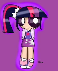 Size: 956x1168 | Tagged: safe, artist:iivividz, derpibooru import, twilight sparkle, human, arm behind back, clothes, female, humanized, purple background, shoes, signature, simple background, skirt, smiling, solo, the powerpuff girls