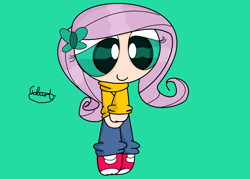 Size: 1404x1004 | Tagged: safe, artist:iivividz, derpibooru import, fluttershy, human, clothes, eyelashes, female, hairclip, humanized, pants, shoes, signature, smiling, solo, the powerpuff girls