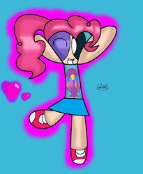 Size: 956x1168 | Tagged: safe, artist:iivividz, derpibooru import, pinkie pie, human, blue background, clothes, female, heart, humanized, one eye closed, shoes, signature, simple background, skirt, smiling, solo, the powerpuff girls, wink
