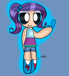 Size: 784x860 | Tagged: safe, artist:iivividz, derpibooru import, rarity, human, blue background, clothes, female, humanized, shoes, shorts, signature, simple background, smiling, solo, the powerpuff girls