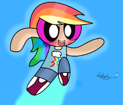 Size: 1010x860 | Tagged: safe, artist:iivividz, derpibooru import, rainbow dash, human, blue background, blushing, clothes, crossover, female, humanized, open mouth, pants, shoes, signature, simple background, smiling, solo, the powerpuff girls