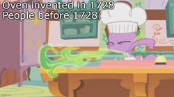 Size: 888x499 | Tagged: safe, derpibooru import, edit, edited screencap, screencap, spike, dragon, a bird in the hoof, apron, caption, chef, clothes, dragonfire, eyes closed, fire, fire breath, image macro, imgflip, male, meme, naked apron, solo, text, watermark