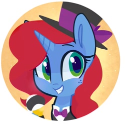 Size: 981x971 | Tagged: safe, artist:meekcheep, oc, oc only, oc:creamsicle delight, pony, unicorn, bowtie, bust, clothes, female, hat, horn, mare, solo, top hat, tuxedo