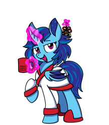 Size: 2000x2300 | Tagged: safe, artist:sugar morning, edit, oc, oc only, oc:sapphire soulfire, alicorn, bat pony, bat pony alicorn, hybrid, alicorn oc, bags under eyes, bat pony oc, bat sapphire soulfire, bat wings, bath water, bathrobe, blue coat, blue mane, blue tail, clothes, commission, commissioner:sapphie, cup, disguised changeling, female, floating, folded wings, holly mistaken for mistletoe, horn, implied princess celestia, looking at you, magic, mare, mistletoe, pink eyes, raised hoof, robe, shitposting, simple background, slippers, smiling, solo, telekinesis, tired, transparent background, wings