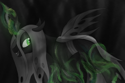 Size: 2250x1500 | Tagged: safe, artist:ahorseofcourse, queen chrysalis, changeling, changeling queen, fangs, female, green eyes, horn, magic, monochrome, neo noir, open mouth, partial color, solo, wings